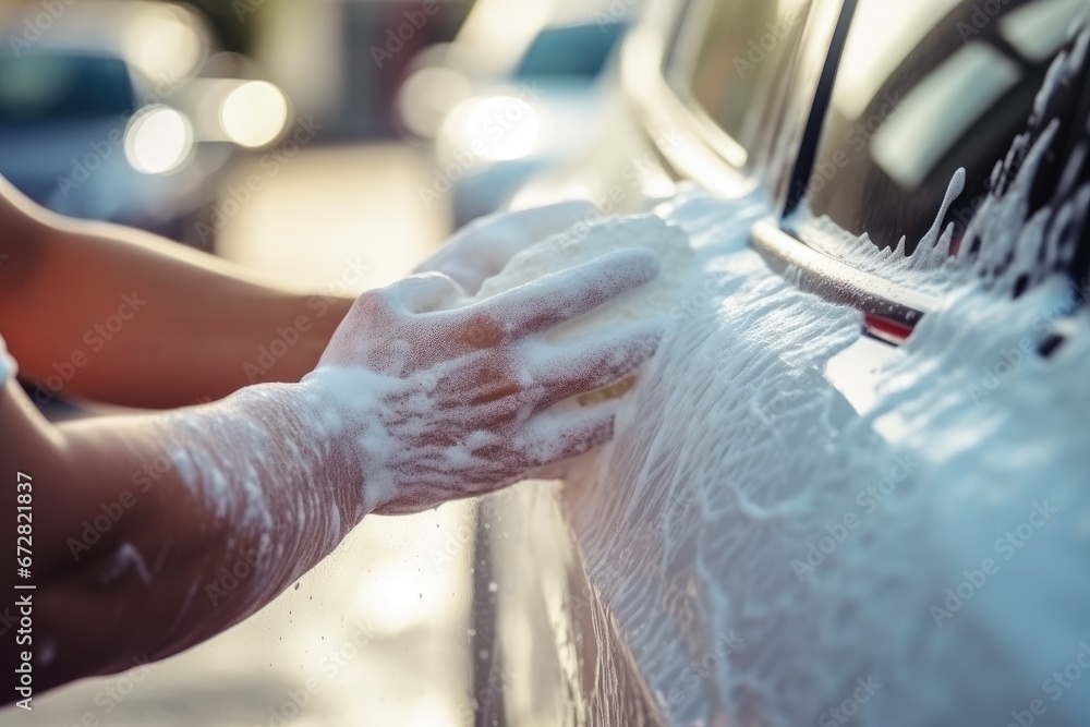 Man washes the car in the car wash with soap and foam, Manual car wash with white soap, and foam on the body. Washing Car Using High Pressure Water, AI Generated - obrazy, fototapety, plakaty 