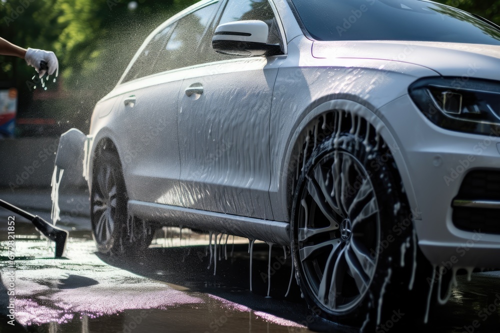 Car washing with high pressure water and foam. Car wash concept, Manual