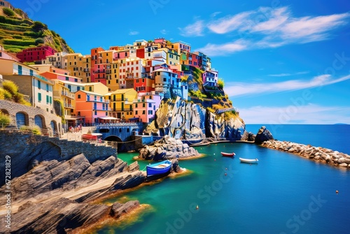 Colorful village of Manarola in Cinque Terre, Italy, Manarola traditional typical Italian village in National park Cinque Terre, colorful multicolored buildings houses on rock cliff, AI Generated