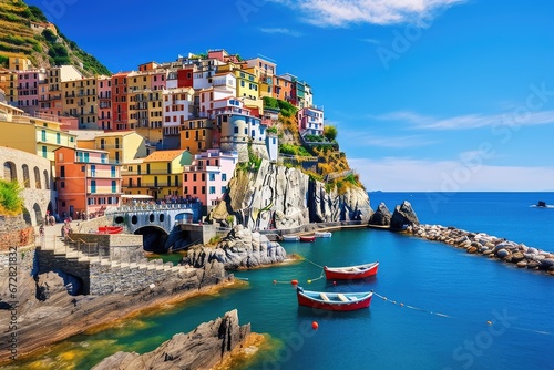 Colorful village of Manarola in Cinque Terre, Italy, Manarola traditional typical Italian village in National park Cinque Terre, colorful multicolored buildings houses on rock cliff, AI Generated photo