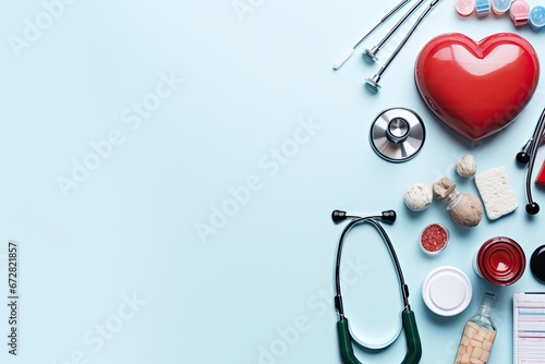 Medical stethoscope, pills and red heart on blue background, Many different medical objects on light background top view, AI Generated