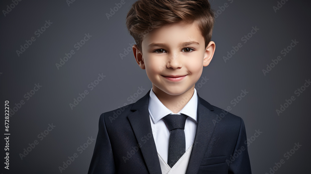 Little boy dressed as a businessman stands against a black background. Little boy dressed as a businessman stands against a black background.