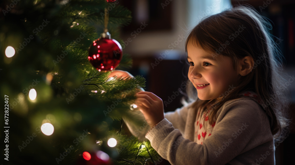 A little girl decorates Christmas tree . A little girl decorates Christmas tree .