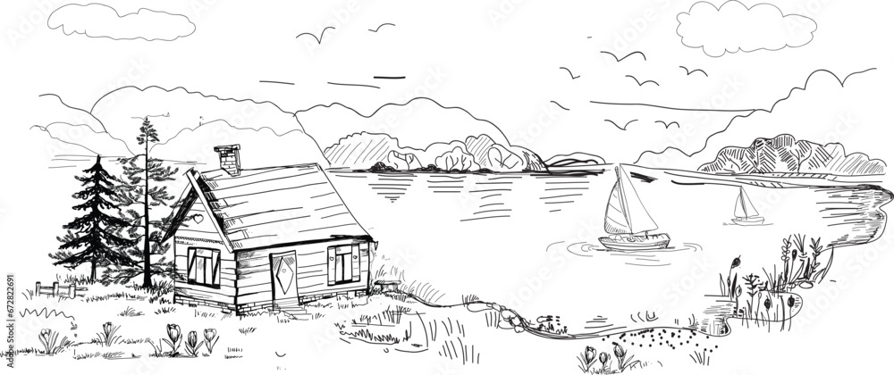 Dom nad jeziorem w górach. Żaglówki pływające po jeziorze. Rysunek odręczny , szkic  grafika wektorowa. 