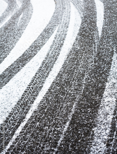 Wheel tracks on the road covered with snow