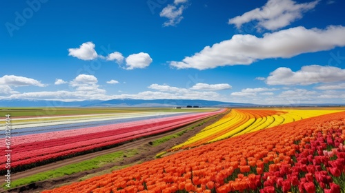 An aerial view of colourful tulip fields. A daytime view of colourful tulips in a row from a high viewpoint
