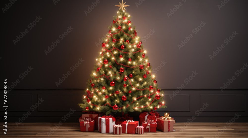A beautifully lit Christmas tree adorned with red ornaments and a golden star, surrounded by wrapped gifts in red and white on a wooden floor.