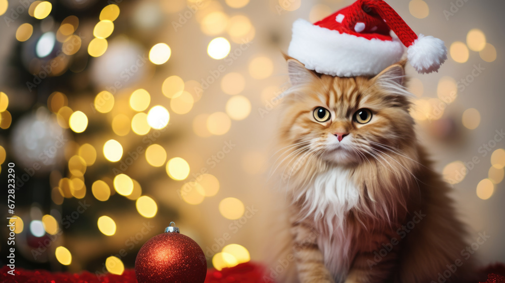 A tabby cat is dressed in a festive Santa costume with a hat, sitting in front of a Christmas tree adorned with glowing lights.