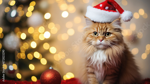 A tabby cat is dressed in a festive Santa costume with a hat, sitting in front of a Christmas tree adorned with glowing lights.