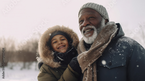 Happy African American grandfather in a gray scarf and his grandson walking in winter. AI Generated