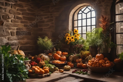 Autumn window and kitchen with pumpkins, plants, and vegetables for Thanksgiving day