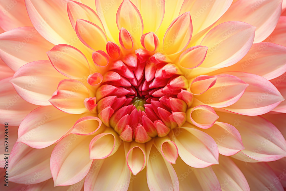 Fototapeta premium Soft pink and yellow dahlia petals macro, floral abstract background. Close up of flower dahlia for background