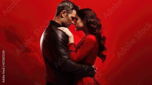 Saint-Valentin, un jeune couple amoureux sur un fond rouge uni