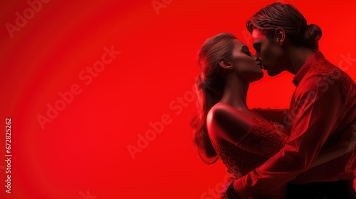Saint-Valentin, un jeune couple amoureux sur un fond rouge uni, image avec espace pour texte. photo