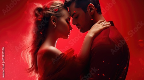 Wallpaper Mural Saint-Valentin, un couple amoureux, proche, intimité et sensualité sur un fond rouge. Torontodigital.ca