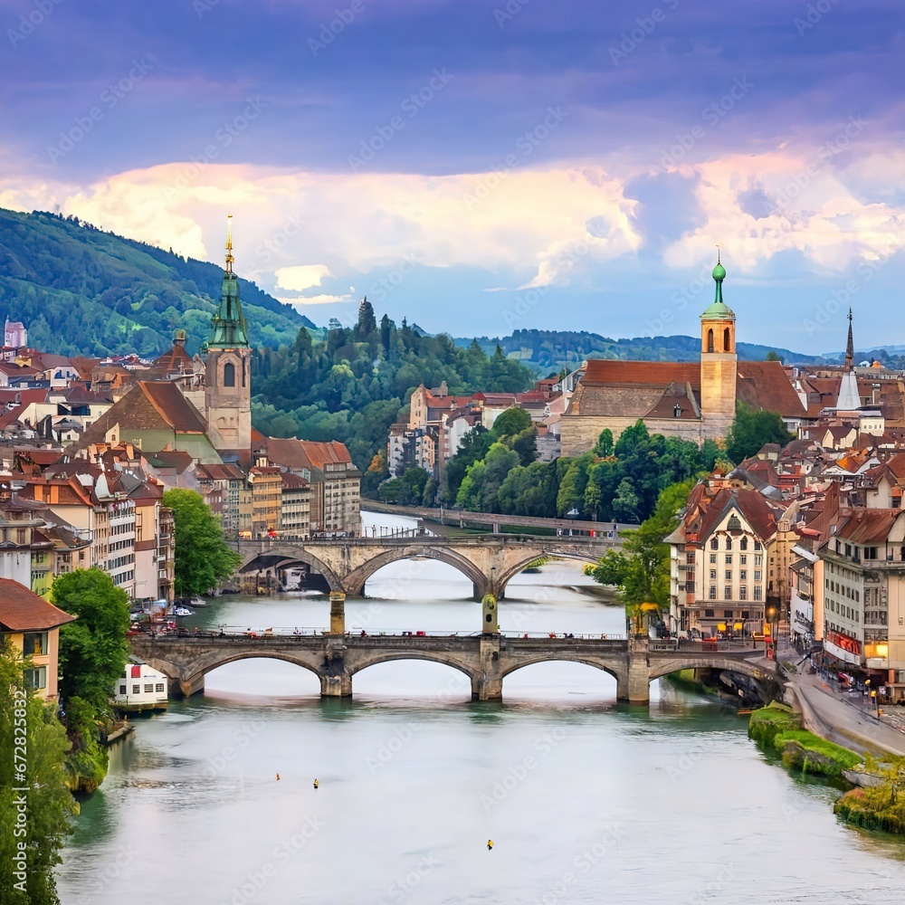 Bern, Switzerland. View of the old city center and Nydeggbrucke bridge over river Aare