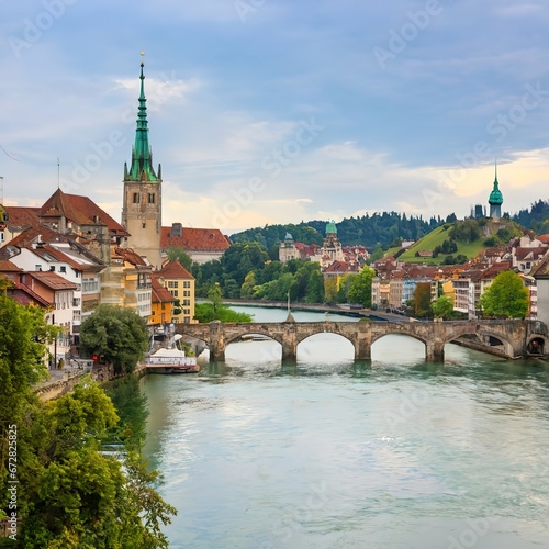 Bern, Switzerland. View of the old city center and Nydeggbrucke bridge over river Aare