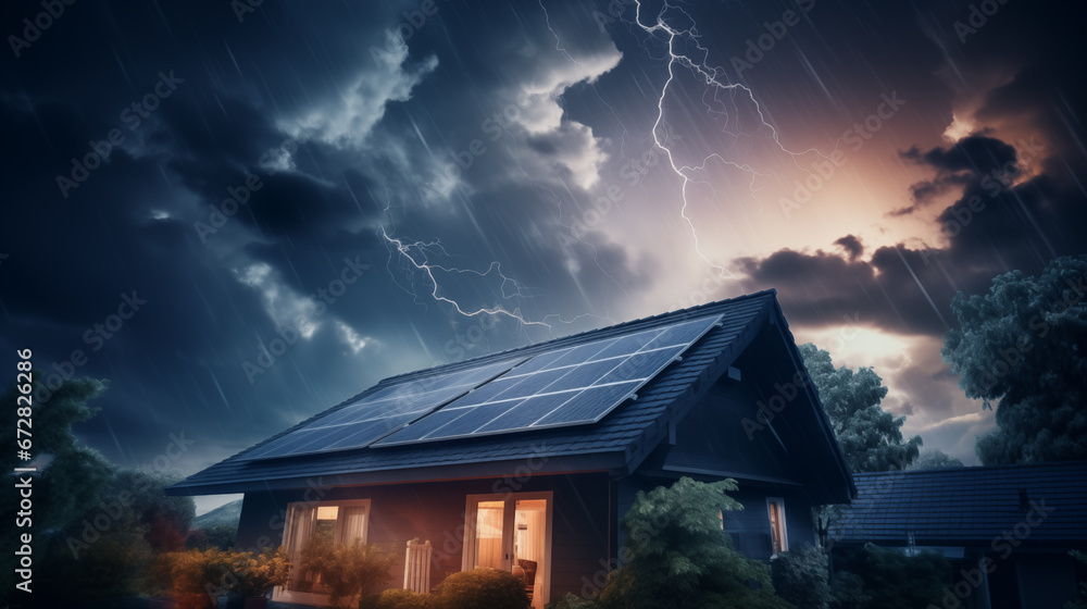 house with solar panels on the roof in a thunderstorm with lightning - obrazy, fototapety, plakaty 