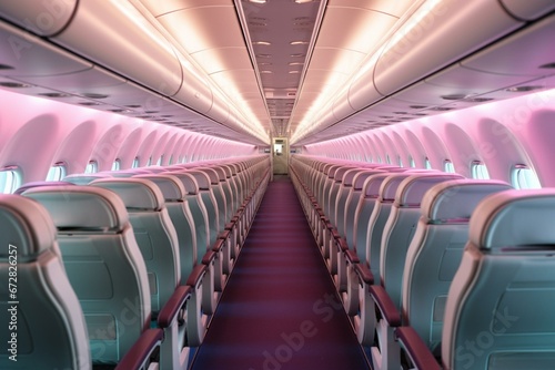 Interior of an airplane with aisle and seats. Generative AI