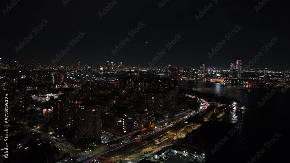 Night aerial drone video Lower East Side New York traffic lights FDR Drive 2023 Night aerial drone video Lower East Side New York traffic lights FDR Drive 2023