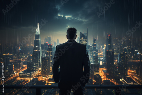 Back view of businessman looking at night city with rain and skyscrapers
