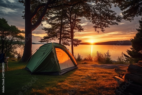 Camping tent on the lake shore at sunrise. Camping in nature
