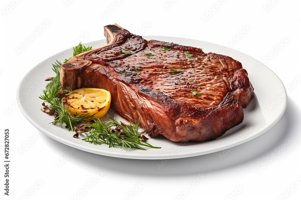 Grilled beef steak with dill and lemon isolated on white background Grilled beef steak with dill and lemon isolated on white background