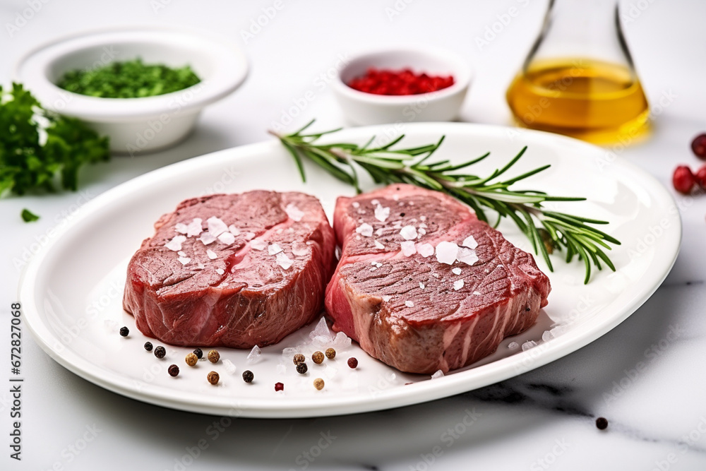 Fresh raw beef steak with rosemary and spices on white marble background