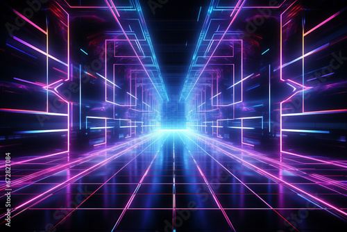 Abstract futuristic corridor with neon lights, 3d rendering