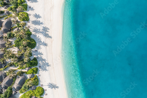 Aerial landscape view of tropical summer palm trees shadows on sandy coast ocean waves splash crash. Beautiful top view sunny sea coast, exotic amazing nature landscape. Abstract Mediterranean pattern