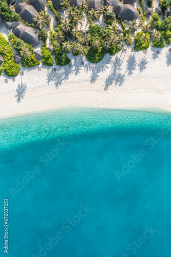 Aerial landscape view of tropical summer palm trees shadows on sandy coast ocean waves splash crash. Beautiful top view sunny sea coast, exotic amazing nature landscape. Abstract Mediterranean pattern © icemanphotos