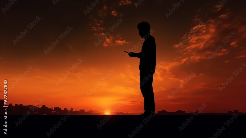 Silhouette of person stand and feel happy on use phone the most hight of technology communication. background sunrise, advertisement, alone, dark