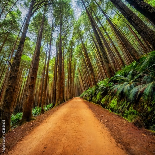 Sand trail in a green forest on the island of Madeira, between lush and wonderful trees