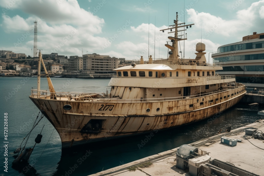 Rusty damaged old yacht anchored in the port. Ai generated Rusty damaged old yacht anchored in the port. Ai generated