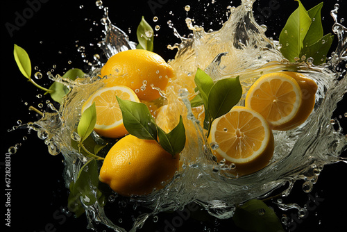 A vibrant and refreshing image capturing the essence of sliced lemon fruits in a motion water splash. Ai generated