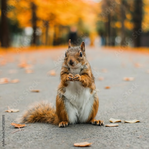 Squirrel sits on the asphalt in an autumn park and waits for a nut © Moldovan