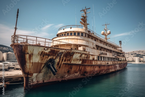 Rusty damaged old yacht anchored in the port. Ai generated © dragomirescu