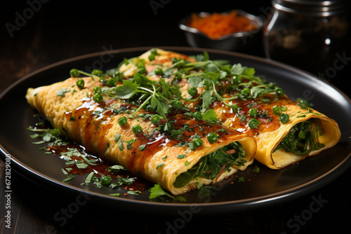 Mouthwatering visuals of freshly prepared omelet, a culinary delight for food enthusiasts. Ai generated