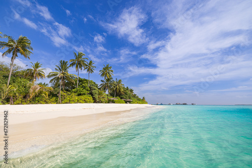 Amazing island beach. Tropical landscape of summer scenery, white sand with palm trees. Luxury travel vacation destination. Exotic beach landscape. Amazing tranquility, relax, freedom nature serenity