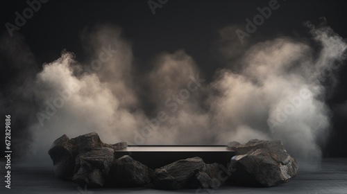 Abstract, basic idea. Smoke and water surround a podium made of natural granite stones set against a dark background. Template mockup for presenting a product. 3D illustration. duplicate text area