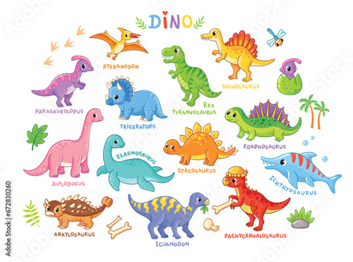 Vector set with dinosaurs in cartoon style. Collection of dinosaurs on. photo