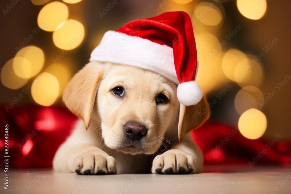 Puppy of golden retriever in Santa Claus hat 