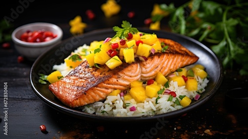  Grilled Salmon with Mango Salsa & Coconut Rice