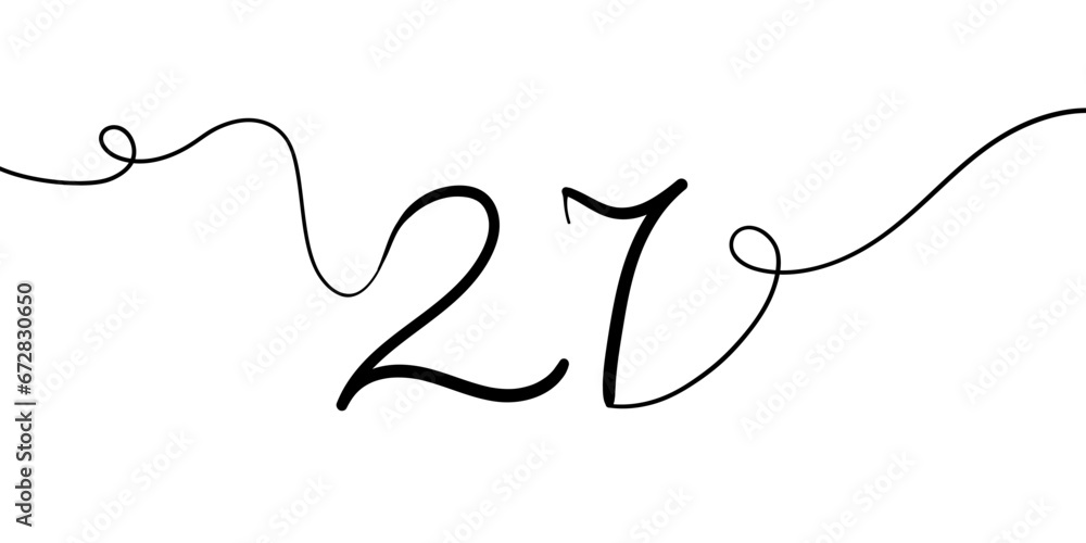 Number 27 line art drawing on white background. 27th birthday continuous drawing contour. Minimal vector illustration Number 27 line art drawing on white background. 27th birthday continuous drawing contour. Minimal vector illustration