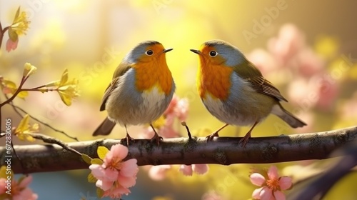 Beautiful little birds are sitting next to each other on a branch in a Sunny spring Park and chirping merrily