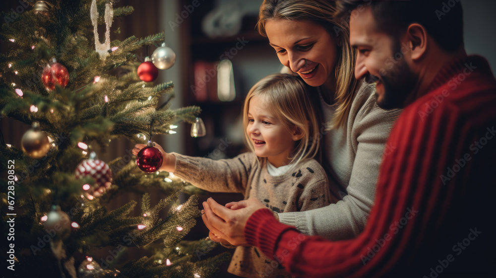 Happy family with their daughter decorating the tree for Christmas Happy family with their daughter decorating the tree for Christmas