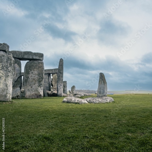 Famous Stonehenge near the city of Salisbury in Wiltshire, England, on a cloudy day