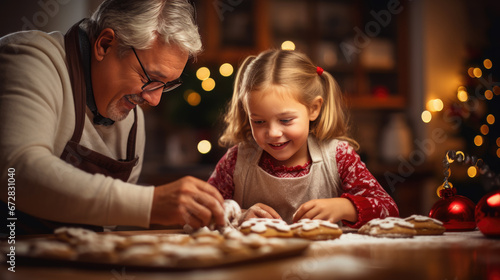 A delighted grandfather and his joyful granddaughter are sharing a special moment  decorating Christmas cookies together in a warmly lit  festively adorned kitchen.