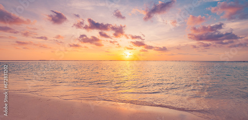 Closeup sea sand beach. Beautiful panoramic landscape. Inspire tropical seascape horizon. Peace sunset sky calm tranquil relax panorama summer mood. Positive energy, meditation summer tropical island