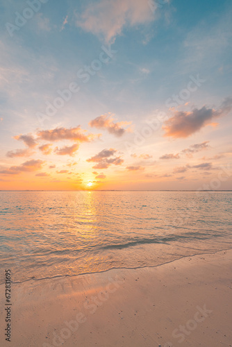 Closeup sea sand beach. Beautiful panoramic landscape. Inspire tropical seascape horizon. Peace sunset sky calm tranquil relax panorama summer mood. Positive energy  meditation summer tropical island